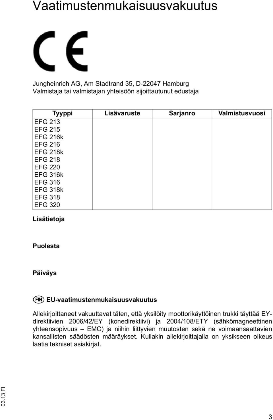 EU-vaaimusenmukaisuusvakuuus Allekirjoianee vakuuava äen, eä yksilöiy mooorikäyöinen rukki äyää EYdirekiivien 2006/42/EY (konedirekiivi) ja 2004/108/ETY