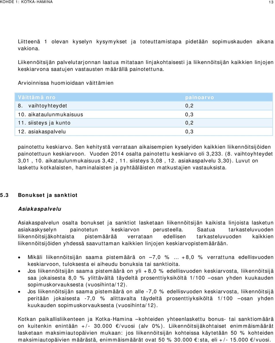 Arvioinnissa huomioidaan väittämien Väittämä nro painoarvo 8. vaihtoyhteydet 0,2 10. aikataulunmukaisuus 0,3 11. siisteys ja kunto 0,2 12. asiakaspalvelu 0,3 painotettu keskiarvo.