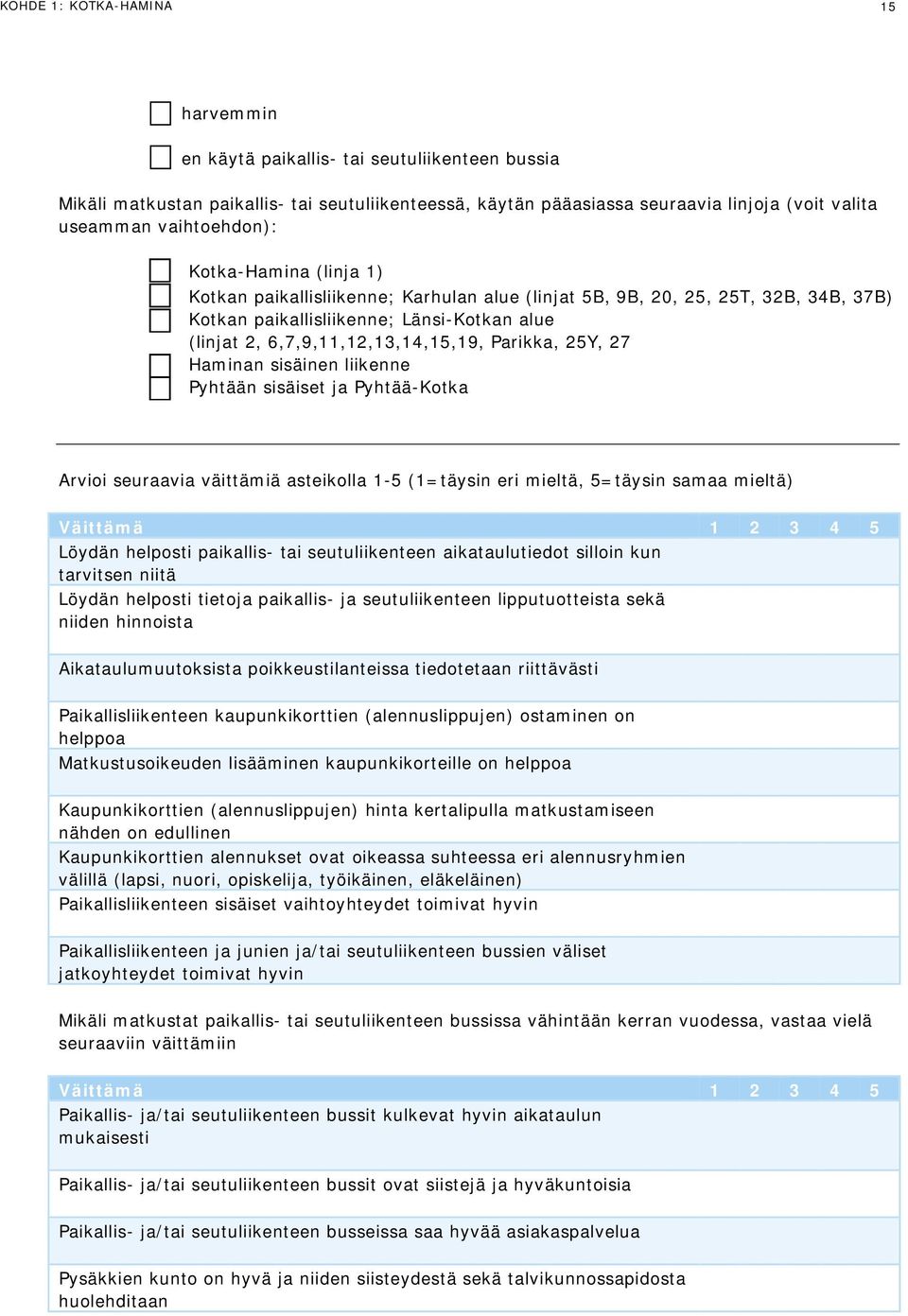 6,7,9,11,12,13,14,15,19, Parikka, 25Y, 27 Haminan sisäinen liikenne Pyhtään sisäiset ja Pyhtää-Kotka Arvioi seuraavia väittämiä asteikolla 1-5 (1=täysin eri mieltä, 5=täysin samaa mieltä) Väittämä 1