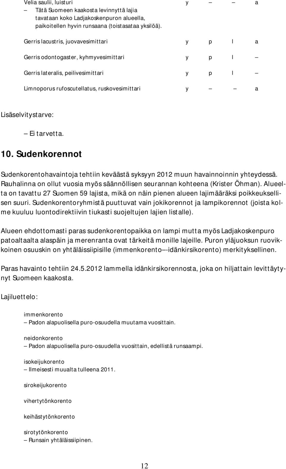 tarvetta. 10. Sudenkorennot Sudenkorentohavaintoja tehtiin keväästä syksyyn 2012 muun havainnoinnin yhteydessä. Rauhalinna on ollut vuosia myös säännöllisen seurannan kohteena (Krister Öhman).