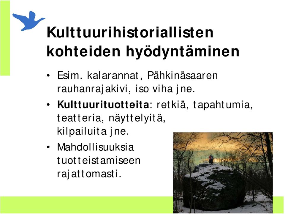 Kulttuurituotteita: retkiä, tapahtumia, teatteria,