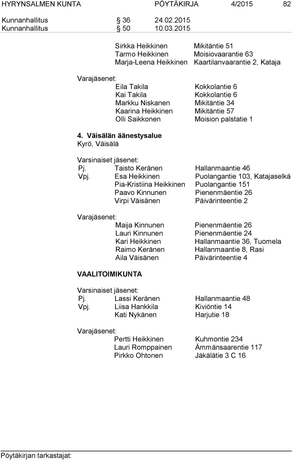 Niskanen Mikitäntie 34 Kaarina Heikkinen Mikitäntie 57 Olli Saikkonen Moision palstatie 1 4. Väisälän äänestysalue Kyrö, Väisälä Varsinaiset jäsenet: Pj. Taisto Keränen Hallanmaantie 46 Vpj.