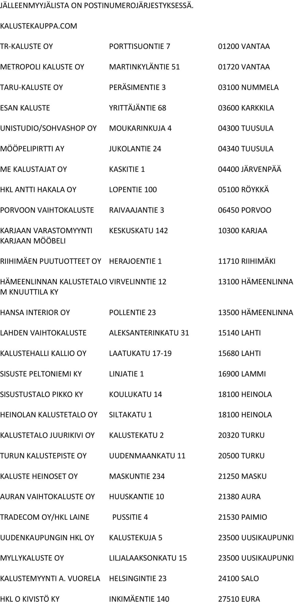 UNISTUDIO/SOHVASHOP OY MOUKARINKUJA 4 04300 TUUSULA MÖÖPELIPIRTTI AY JUKOLANTIE 24 04340 TUUSULA ME KALUSTAJAT OY KASKITIE 1 04400 JÄRVENPÄÄ HKL ANTTI HAKALA OY LOPENTIE 100 05100 RÖYKKÄ PORVOON