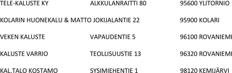 VAPAUDENTIE 5 96100 ROVANIEMI KALUSTE VARRIO TEOLLISUUSTIE 13