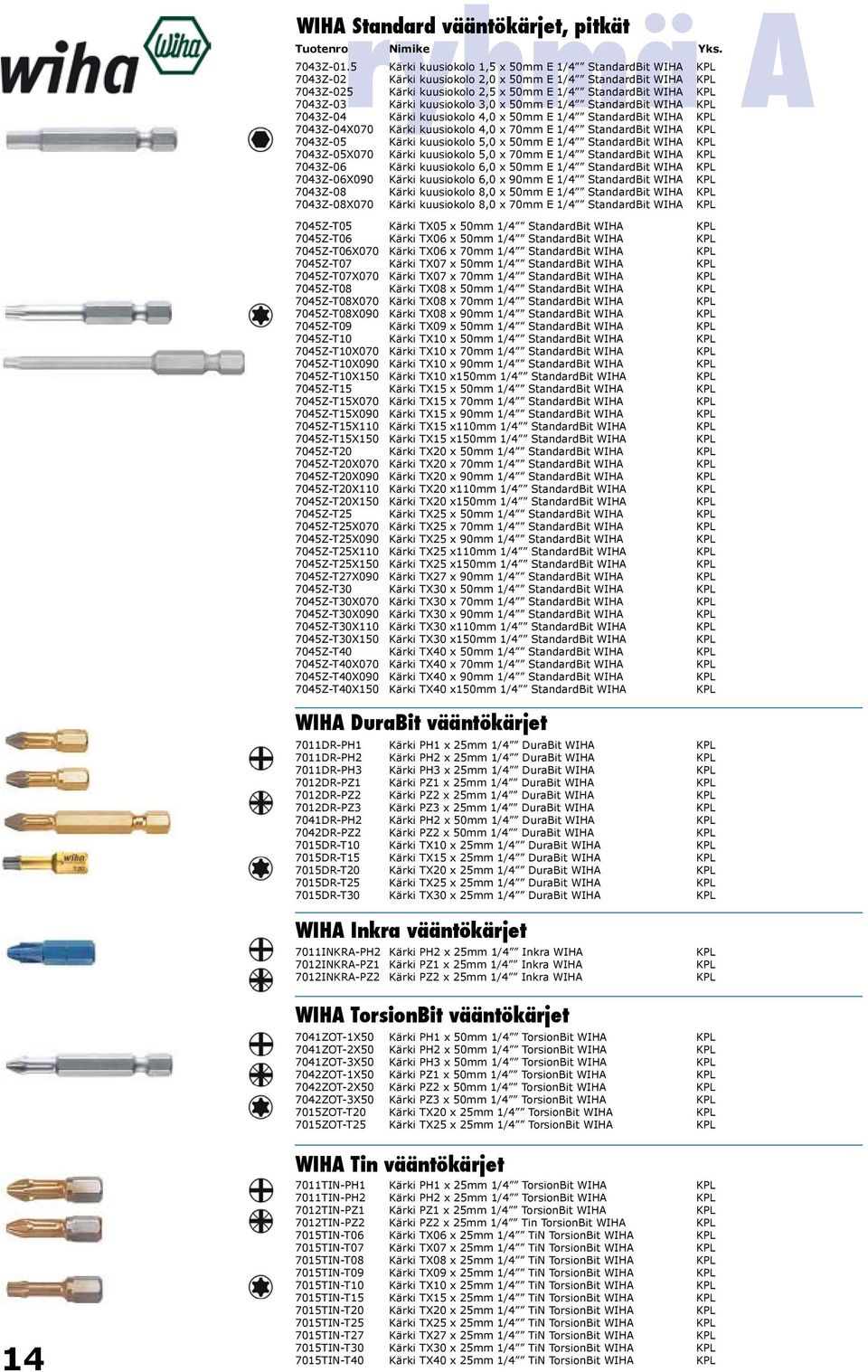 Kärki kuusiokolo 3,0 x 50mm E 1/4 StandardBit WIHA KPL 7043Z-04 Kärki kuusiokolo 4,0 x 50mm E 1/4 StandardBit WIHA KPL 3,37 4,18 7043Z-04X070 Kärki kuusiokolo 4,0 x 70mm E 1/4 StandardBit WIHA KPL