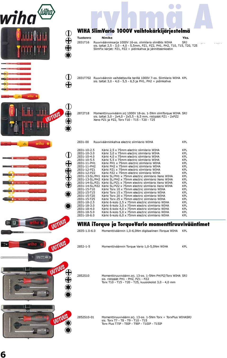 SlimVario WIHA KPL 56,00 69,44 sis. taltat 3,0-4,0-5,5-6,5 ja PH1, PH2 + pidinkahva 2872T18 Momenttiruuviväänn.srj 1000V 18-os. 1-5Nm slimtorque WIHA SRJ 249,19 309,00 sis.
