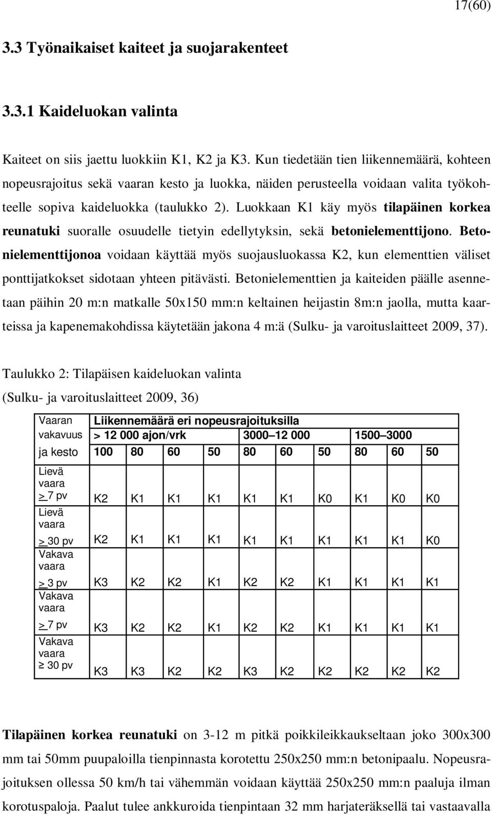 Luokkaan K1 käy myös tilapäinen korkea reunatuki suoralle osuudelle tietyin edellytyksin, sekä betonielementtijono.