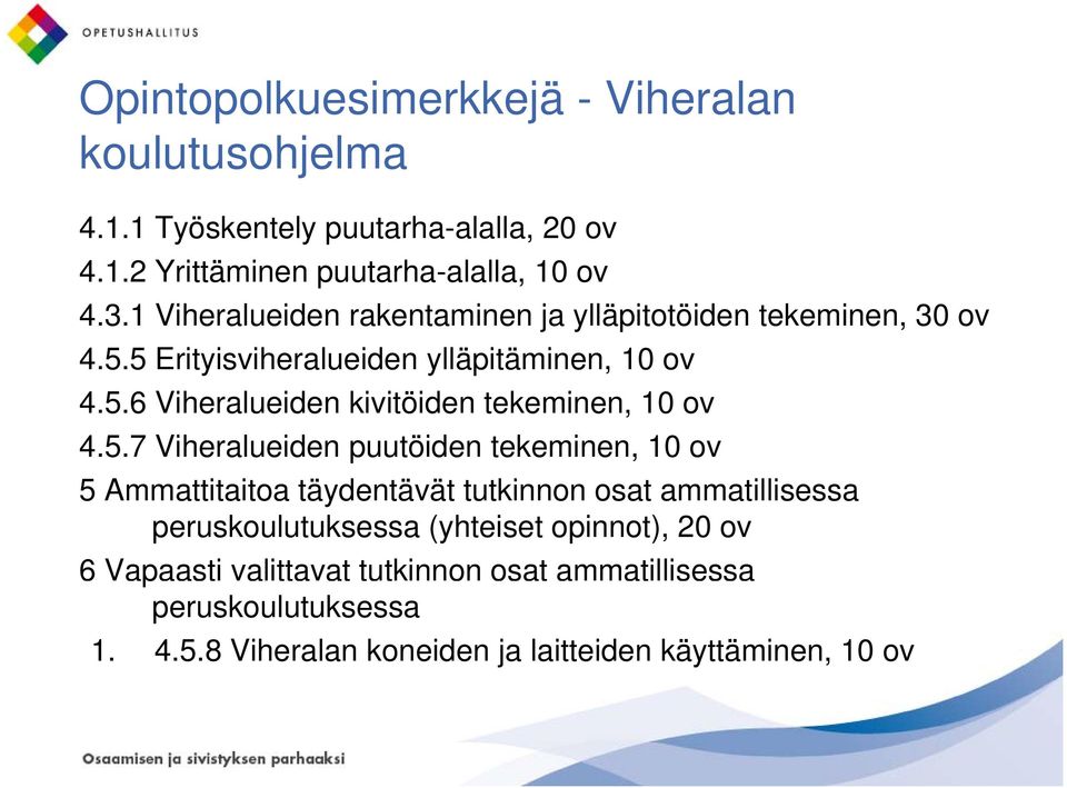 5.7 Viheralueiden puutöiden tekeminen, 10 ov 5 Ammattitaitoa täydentävät ä ä tutkinnon osat ammatillisessa peruskoulutuksessa (yhteiset opinnot),