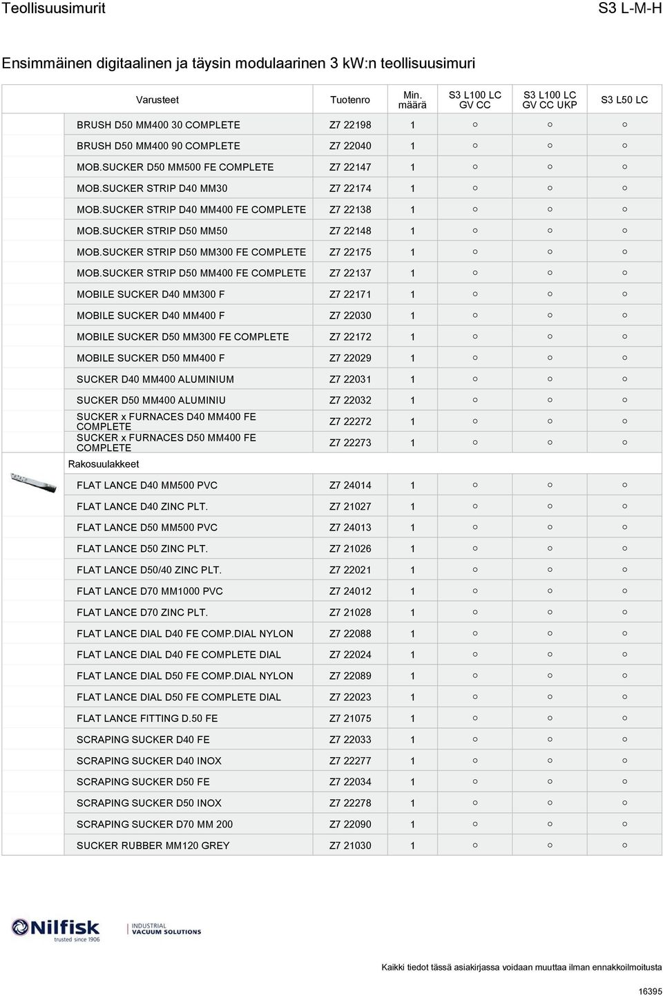 SUCKER STRIP D50 MM400 FE COMPLETE Z7 22137 1 MOBILE SUCKER D40 MM300 F Z7 22171 1 MOBILE SUCKER D40 MM400 F Z7 22030 1 MOBILE SUCKER D50 MM300 FE COMPLETE Z7 22172 1 MOBILE SUCKER D50 MM400 F Z7