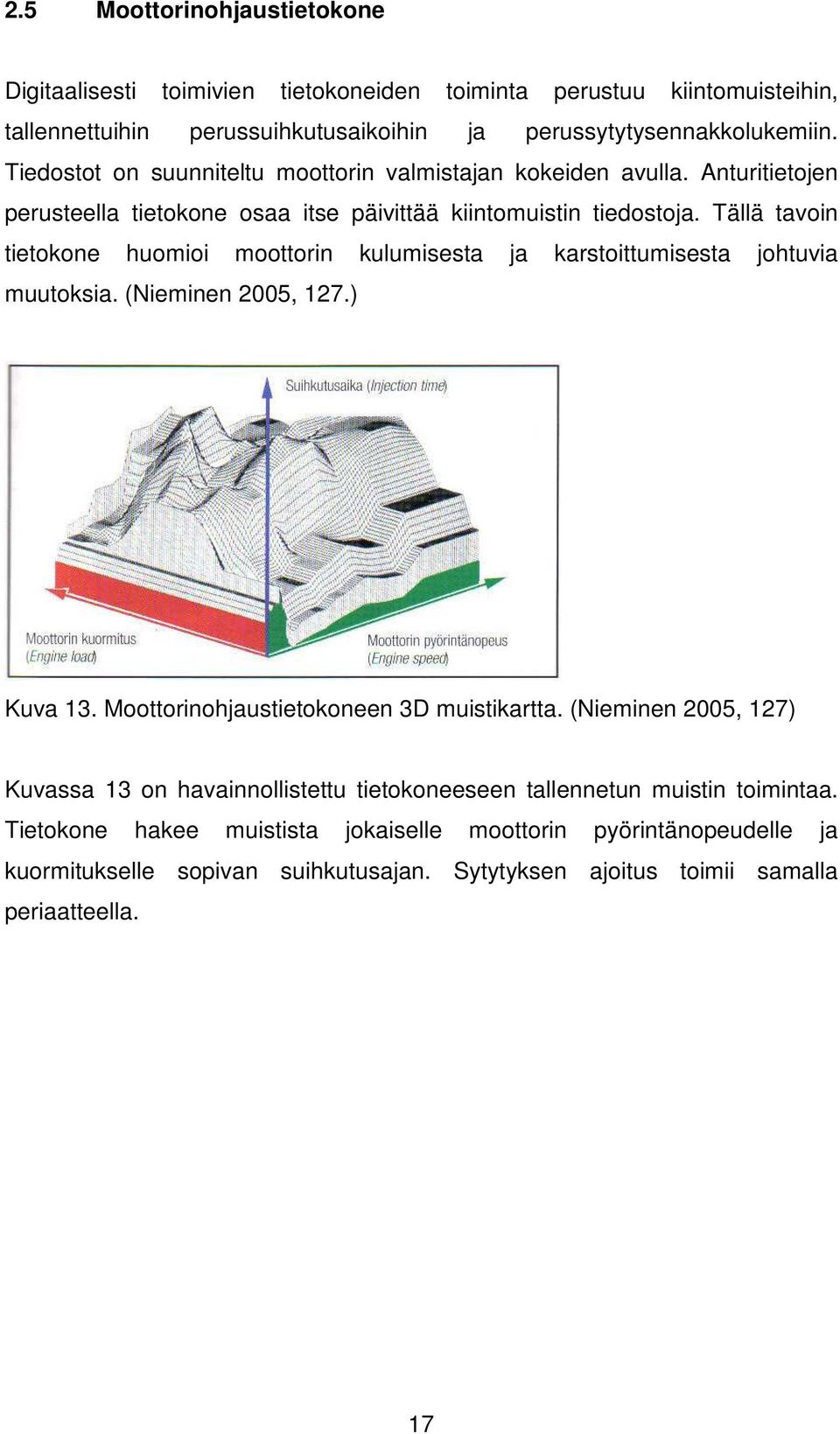 Tällä tavoin tietokone huomioi moottorin kulumisesta ja karstoittumisesta johtuvia muutoksia. (Nieminen 2005, 127.) Kuva 13. Moottorinohjaustietokoneen 3D muistikartta.