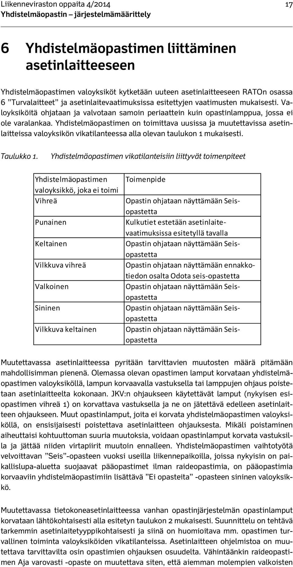 Yhdistelmäopastimen on toimittava uusissa ja muutettavissa asetinlaitteissa valoyksikön vikatilanteessa alla olevan taulukon 1 mukaisesti. Taulukko 1.