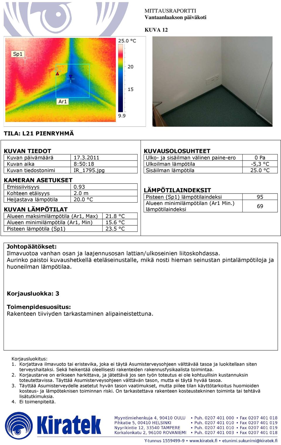 0 C Pisteen () 95 69 Ilmavuotoa vanhan osan ja laajennusosan lattian/ulkoseinien tian/ulkoseinien liitoskohdassa.