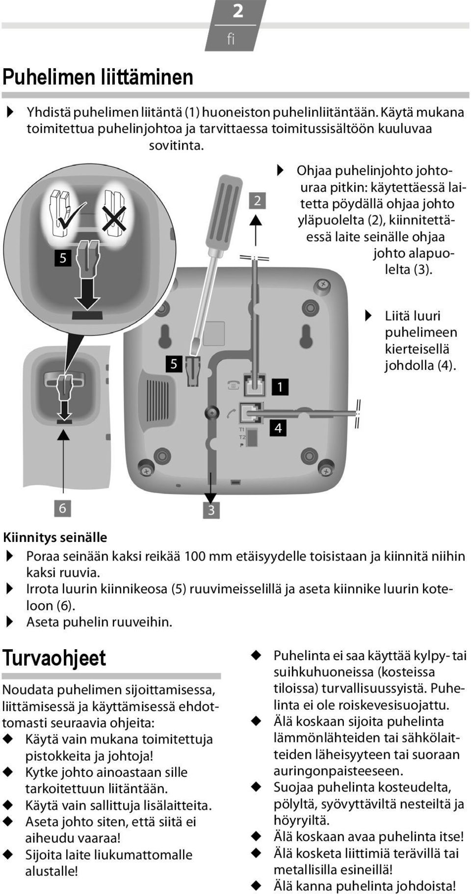 5 1 Liitä luuri puhelimeen kierteisellä johdolla (4).