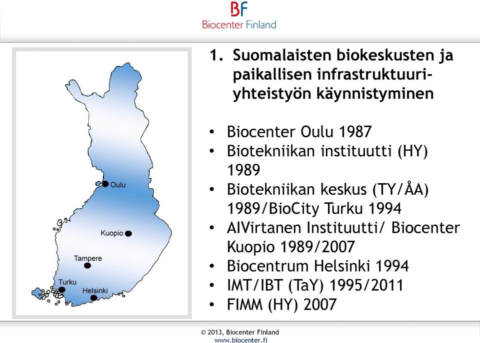 käynnistyminen Biocenter Oulu 1987 Biotekniikan instituutti (HY) 1989