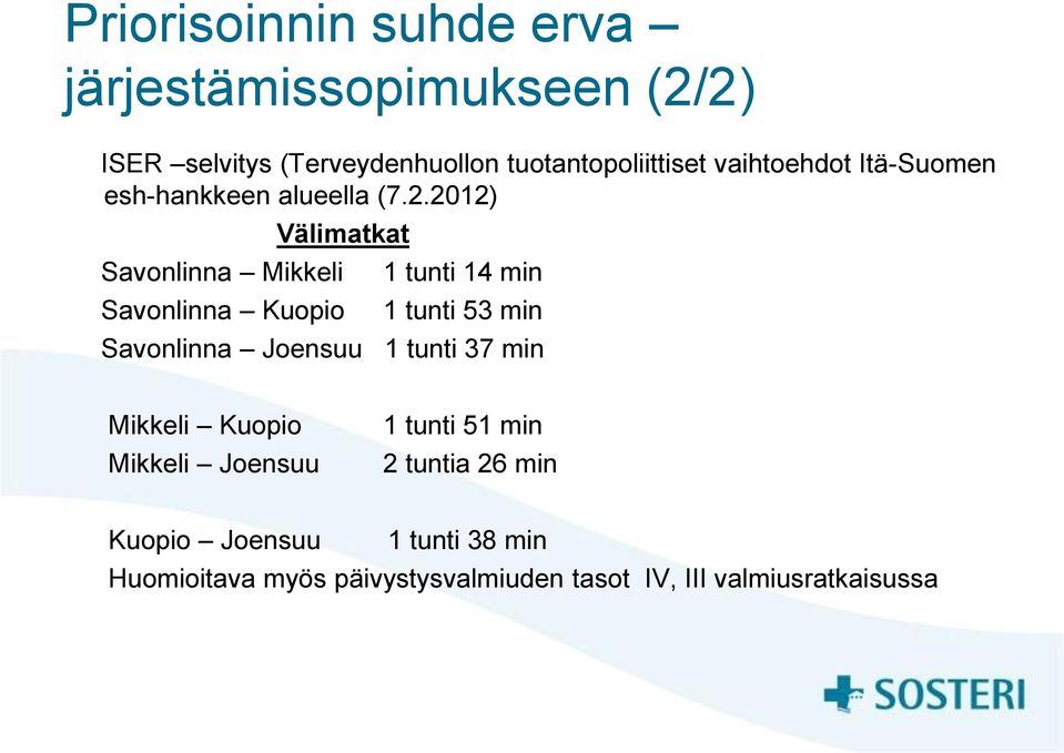 2012) Välimatkat Savonlinna Mikkeli Savonlinna Kuopio 1 tunti 14 min 1 tunti 53 min Savonlinna Joensuu 1