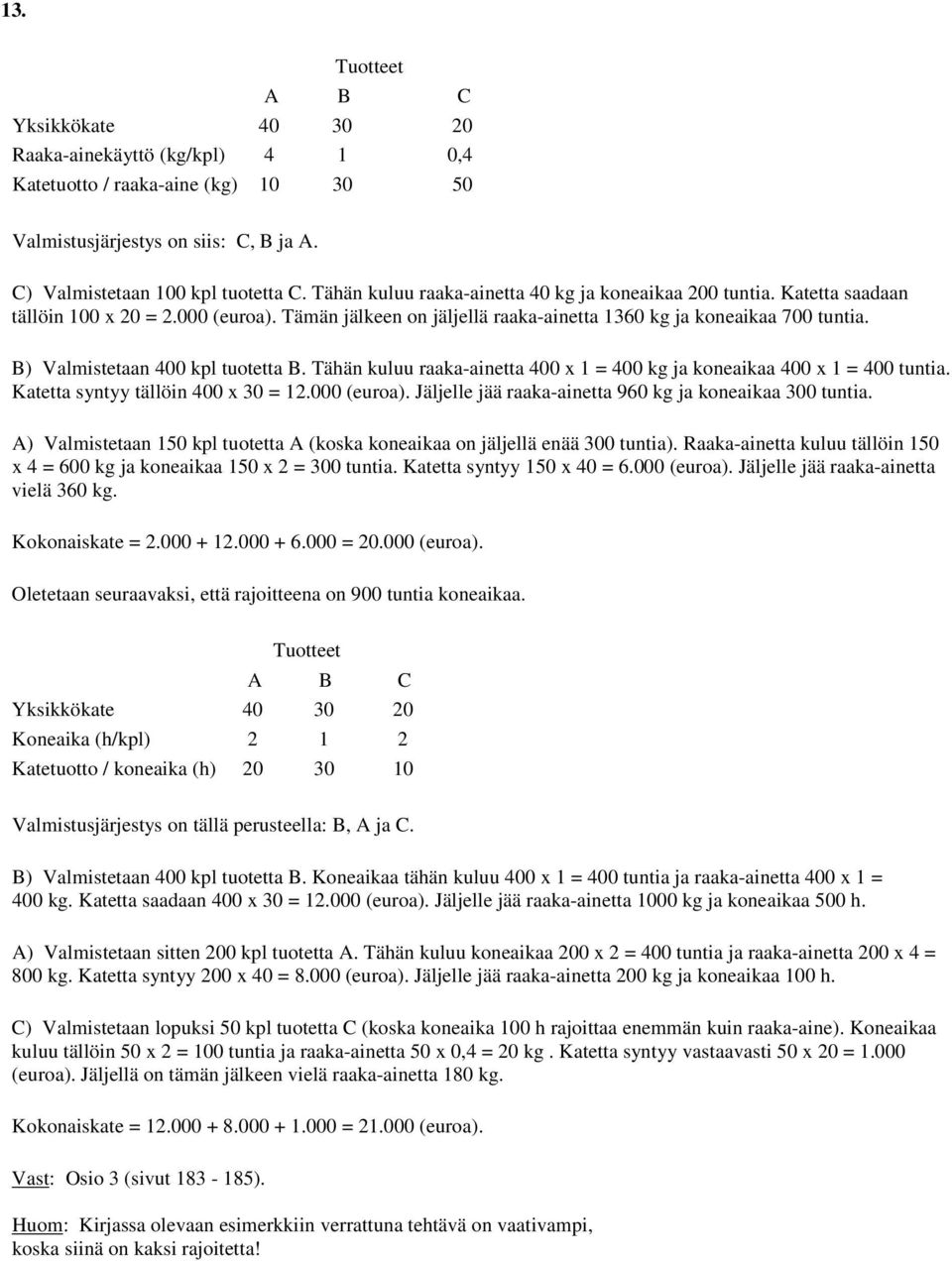 B) Valmistetaan 400 kpl tuotetta B. Tähän kuluu raaka-ainetta 400 x 1 = 400 kg ja koneaikaa 400 x 1 = 400 tuntia. Katetta syntyy tällöin 400 x 30 = 12.000 (euroa).