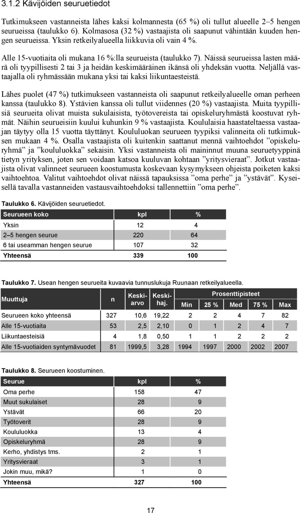 Näissä seurueissa lasten määrä oli tyypillisesti 2 tai 3 ja heidän keskimääräinen ikänsä oli yhdeksän vuotta. Neljällä vastaajalla oli ryhmässään mukana yksi tai kaksi liikuntaesteistä.