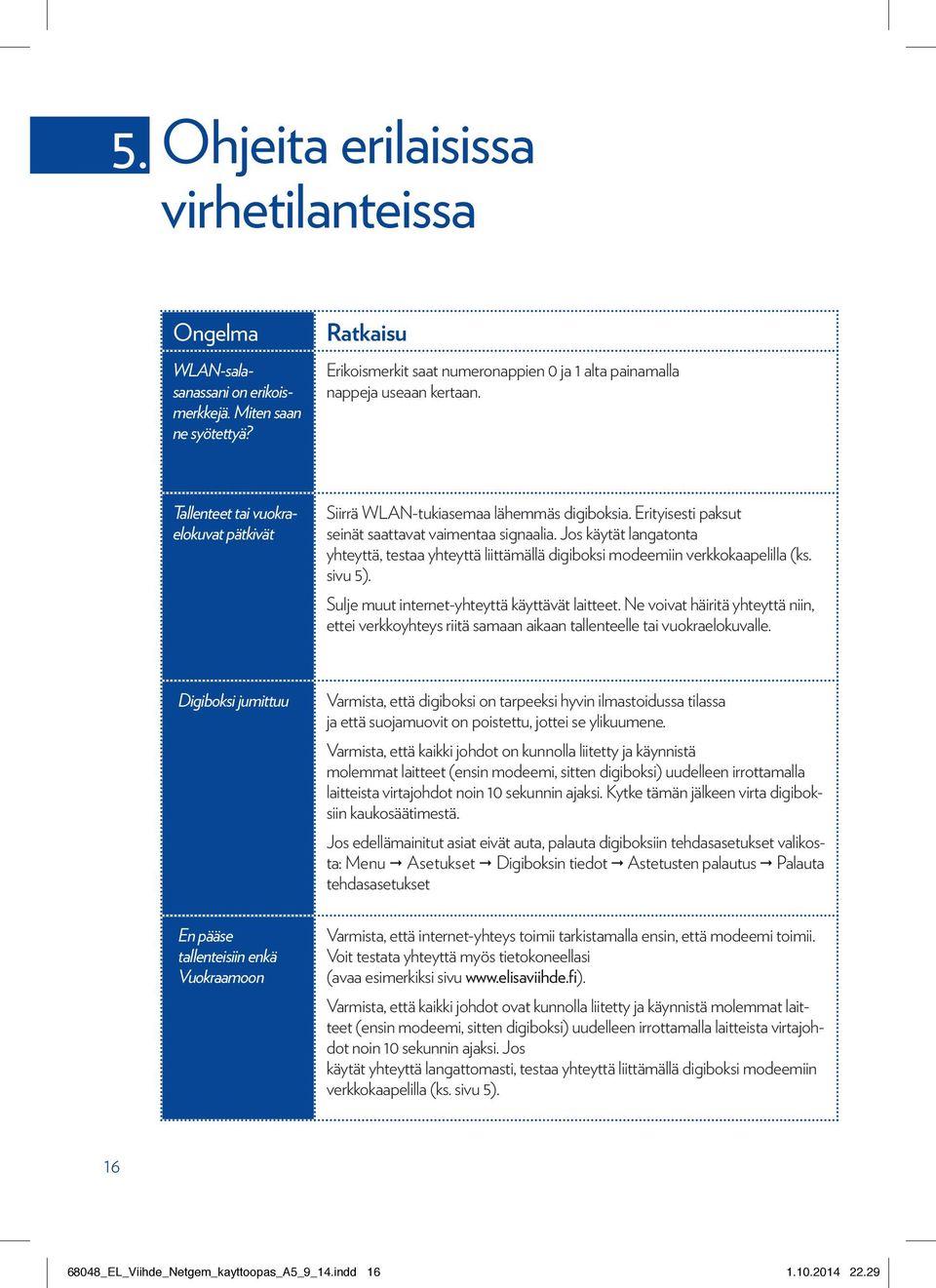 Jos käytät langatonta yhteyttä, testaa yhteyttä liittämällä digiboksi modeemiin verkkokaapelilla (ks. sivu 5). Sulje muut internet-yhteyttä käyttävät laitteet.