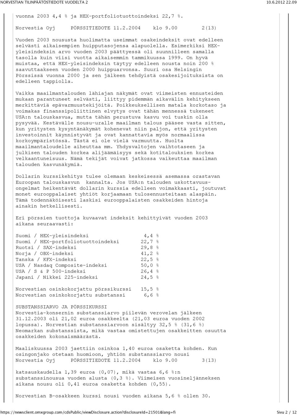 Esimerkiksi HEXyleisindeksin arvo vuoden 2003 päättyessä oli suunnilleen samalla tasolla kuin viisi vuotta aikaisemmin tammikuussa 1999.