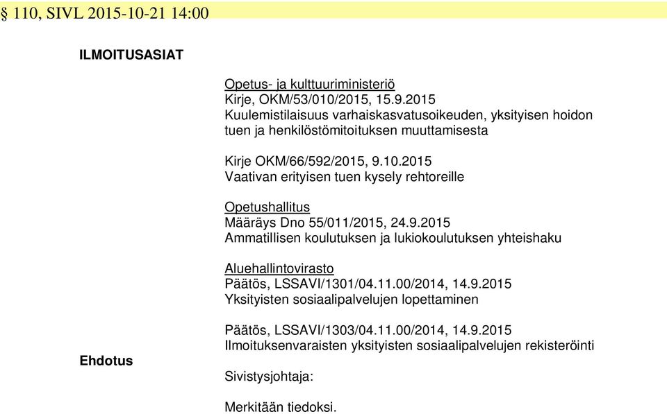 2015 Vaativan erityisen tuen kysely rehtoreille Opetushallitus Määräys Dno 55/011/2015, 24.9.