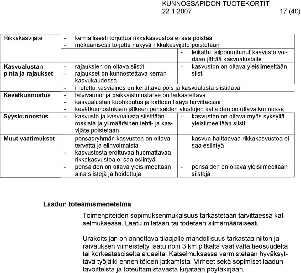 kasviaines on kerättävä pois ja kasvualusta siistittävä Kevätkunnostus - talvivauriot ja paikkaistutustarve on tarkastettava - kasvualustan kuohkeutus ja katteen lisäys tarvittaessa -