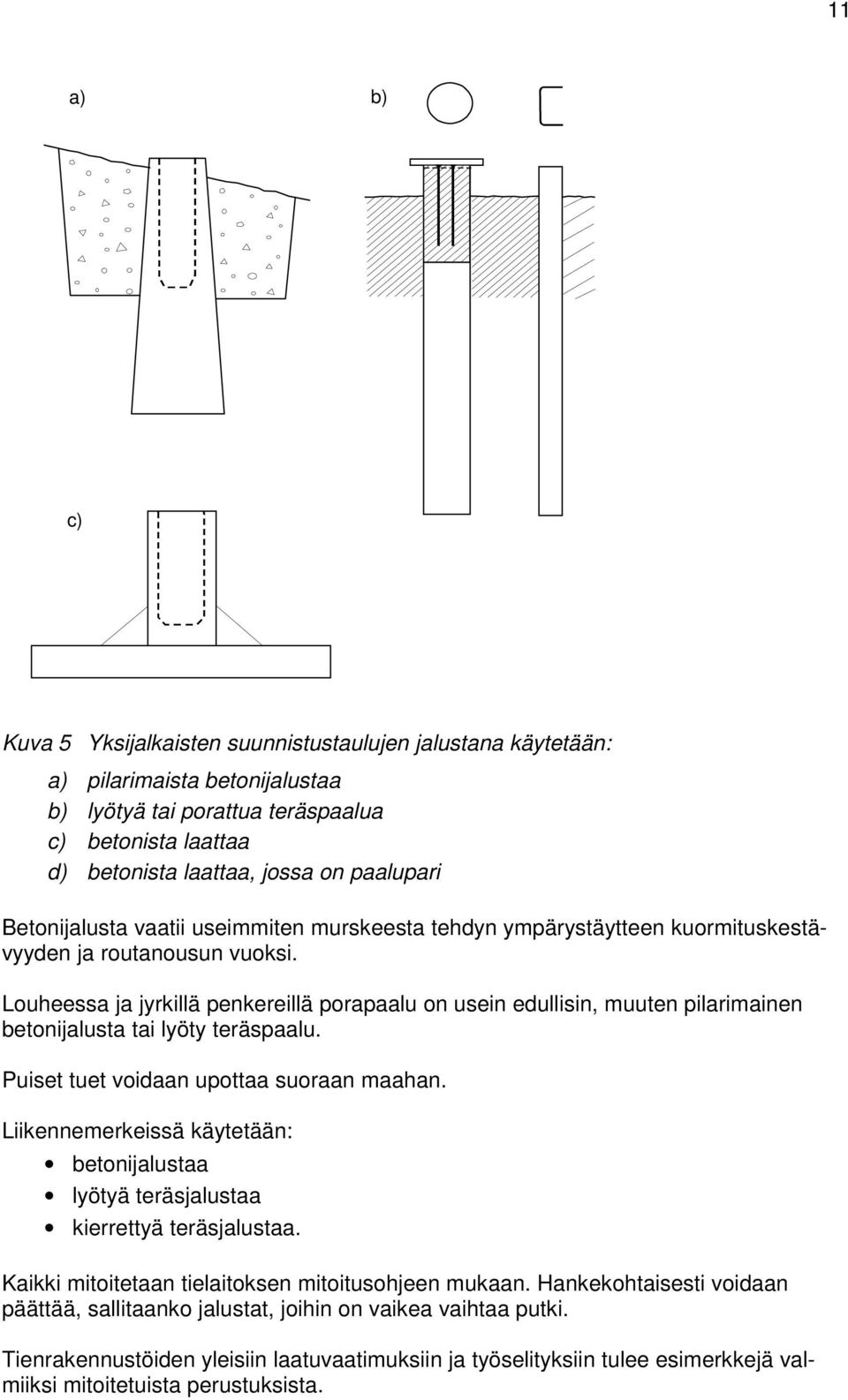 Louheessa ja jyrkillä penkereillä porapaalu on usein edullisin, muuten pilarimainen betonijalusta tai lyöty teräspaalu. Puiset tuet voidaan upottaa suoraan maahan.