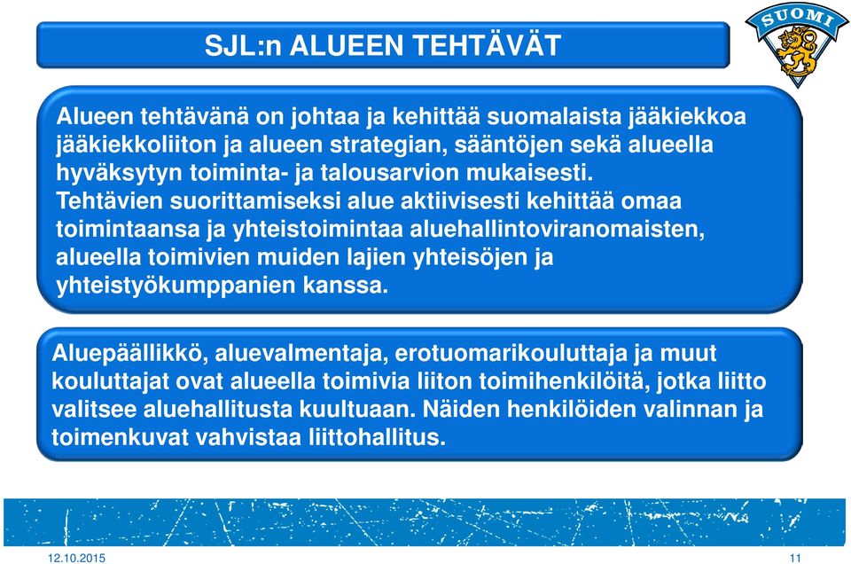 Tehtävien suorittamiseksi alue aktiivisesti kehittää omaa toimintaansa ja yhteistoimintaa aluehallintoviranomaisten, alueella toimivien muiden lajien