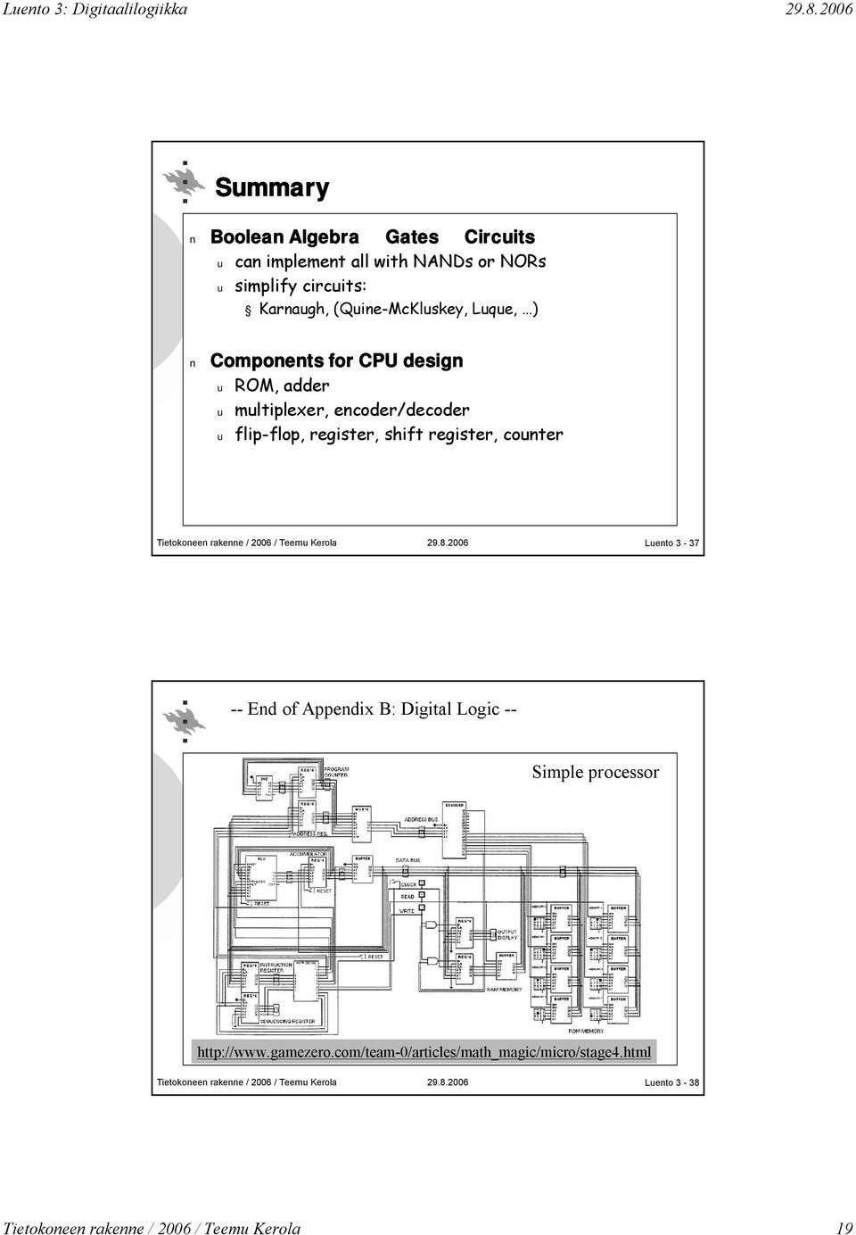 register, shift register, counter Luento 3-37 -- End of Appendix B: Digital Logic -- Simple processor