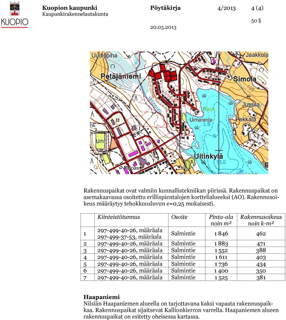 Kiinteistötunnus Osoite Pinta-ala noin m² Rakennusoikeus noin k-m² 1 297-499-40-26, määräala 297-499-37-53, määräala Salmintie 1 846 462 2 297-499-40-26, määräala Salmintie 1 883 471 3 297-499-40-26,