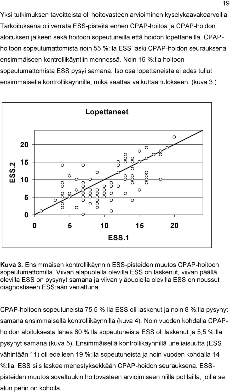 CPAPhoitoon sopeutumattomista noin 55 %:lla ESS laski CPAP-hoidon seurauksena ensimmäiseen kontrollikäyntiin mennessä. Noin 16 %:lla hoitoon sopeutumattomista ESS pysyi samana.