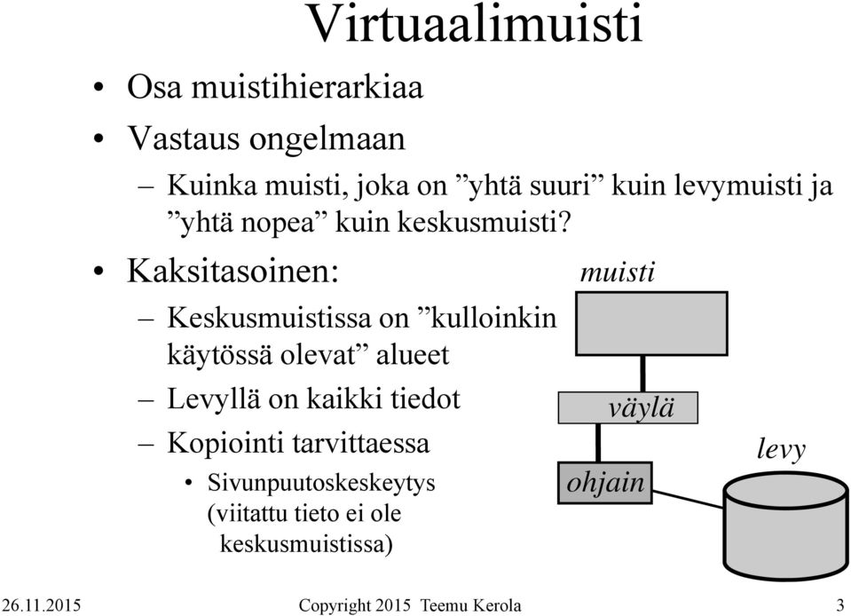 Kaksitasoinen: Keskusmuistissa on kulloinkin käytössä ä olevat alueet Levyllä on kaikki