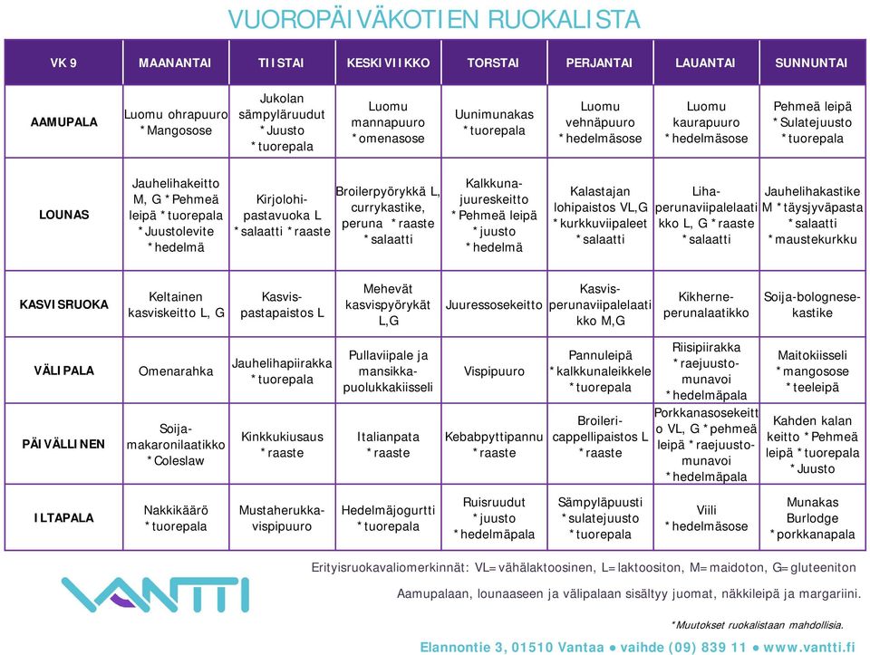 lohipaistos V, *kurkkuviipaleet ihaperunaviipalelaati kko, Jauhelihakastike *täysjyväpasta *maustekurkku Keltainen kasviskeitto, Kasvispastapaistos ehevät kasvispyörykät, Juuressosekeitto