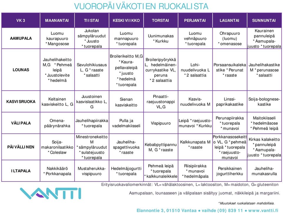 hedelmäinencurrykastike V, peruna *2 salaattia ohinuudelivuoka *2 salaattia Porsaansuikaleka stike *Perunat Jauhelihakastike * Keltainen kasviskeitto, Juustoinen kasvislaatikko, Sienan kasviskeitto