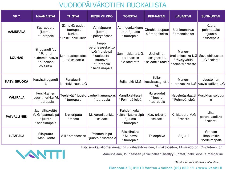 *omenalohkot angobroilerikastike, *täysjyväriisi Kaura pehmopalat Savulohikiusaus, Kasvisstroganoff Punajuurijuustokiusaus, Soijanakit, Soijakasvislasagnette V angoquornkastike, Juustoinen