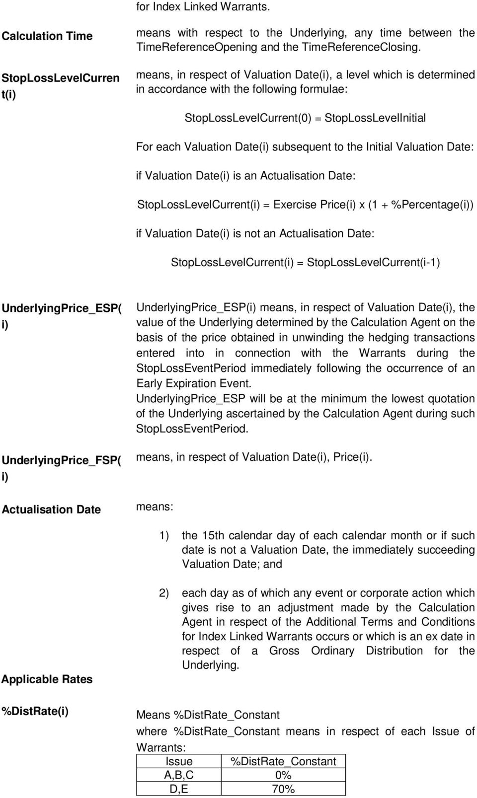 the Initial Valuation Date: if Valuation Date(i) is an Actualisation Date: StopLossLevelCurrent(i) = Exercise Price(i) x (1 + %Percentage(i)) if Valuation Date(i) is not an Actualisation Date: