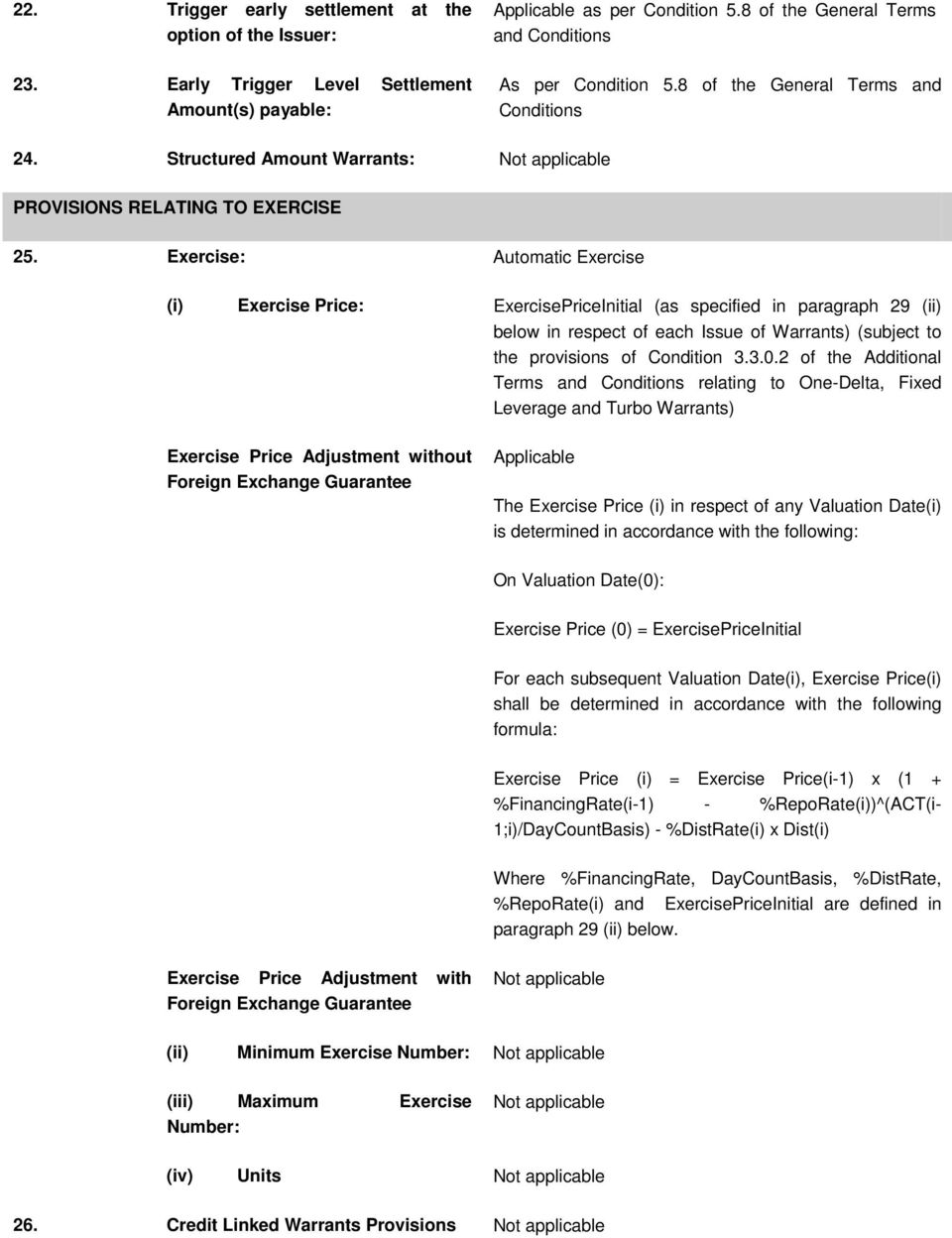 Exercise: Automatic Exercise (i) Exercise Price: ExercisePriceInitial (as specified in paragraph 29 (ii) below in respect of each Issue of Warrants) (subject to the provisions of Condition 3.3.0.