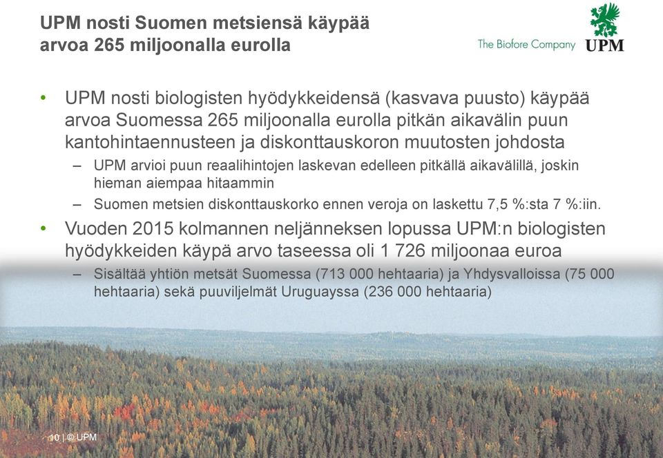 hitaammin Suomen metsien diskonttauskorko ennen veroja on laskettu 7,5 %:sta 7 %:iin.