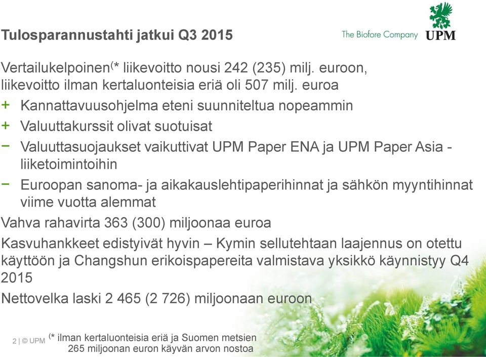 sanoma- ja aikakauslehtipaperihinnat ja sähkön myyntihinnat viime vuotta alemmat Vahva rahavirta 363 (3) miljoonaa euroa Kasvuhankkeet edistyivät hyvin Kymin sellutehtaan laajennus