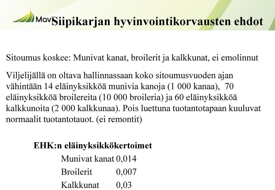 70 eläinyksikköä broilereita (10 000 broileria) ja 60 eläinyksikköä kalkkunoita (2 000 kalkkunaa).