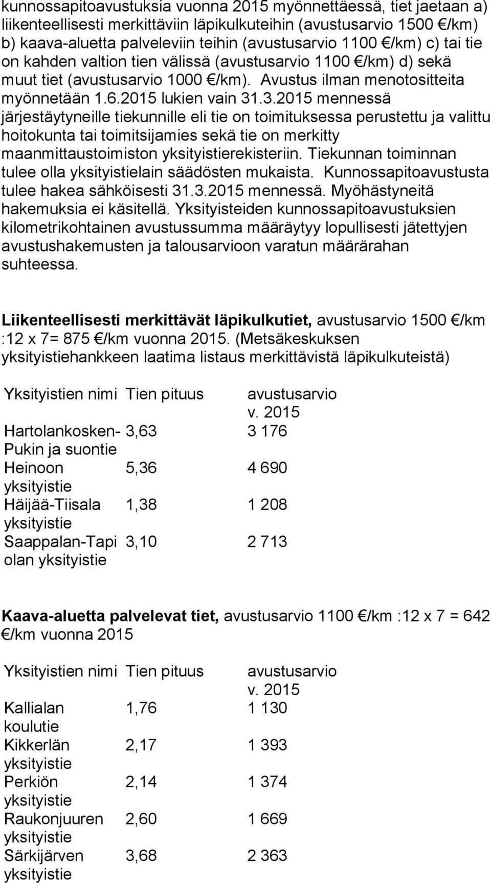 .3.2015 mennessä järjestäytyneille tiekunnille eli tie on toimituksessa perustettu ja valittu hoitokunta tai toimitsijamies sekä tie on merkitty maanmittaustoimiston rekisteriin.