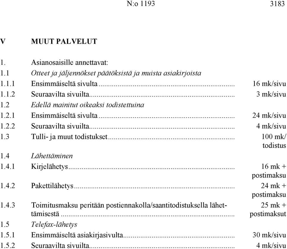 .. 100 mk/ todistus 1.4 Lähettäminen 1.4.1 Kirjelähetys... 16 mk + postimaksu 1.4.2 Pakettilähetys... 24 mk + postimaksu 1.4.3 Toimitusmaksu peritään postiennakolla/saantitodistuksella lähettämisestä.