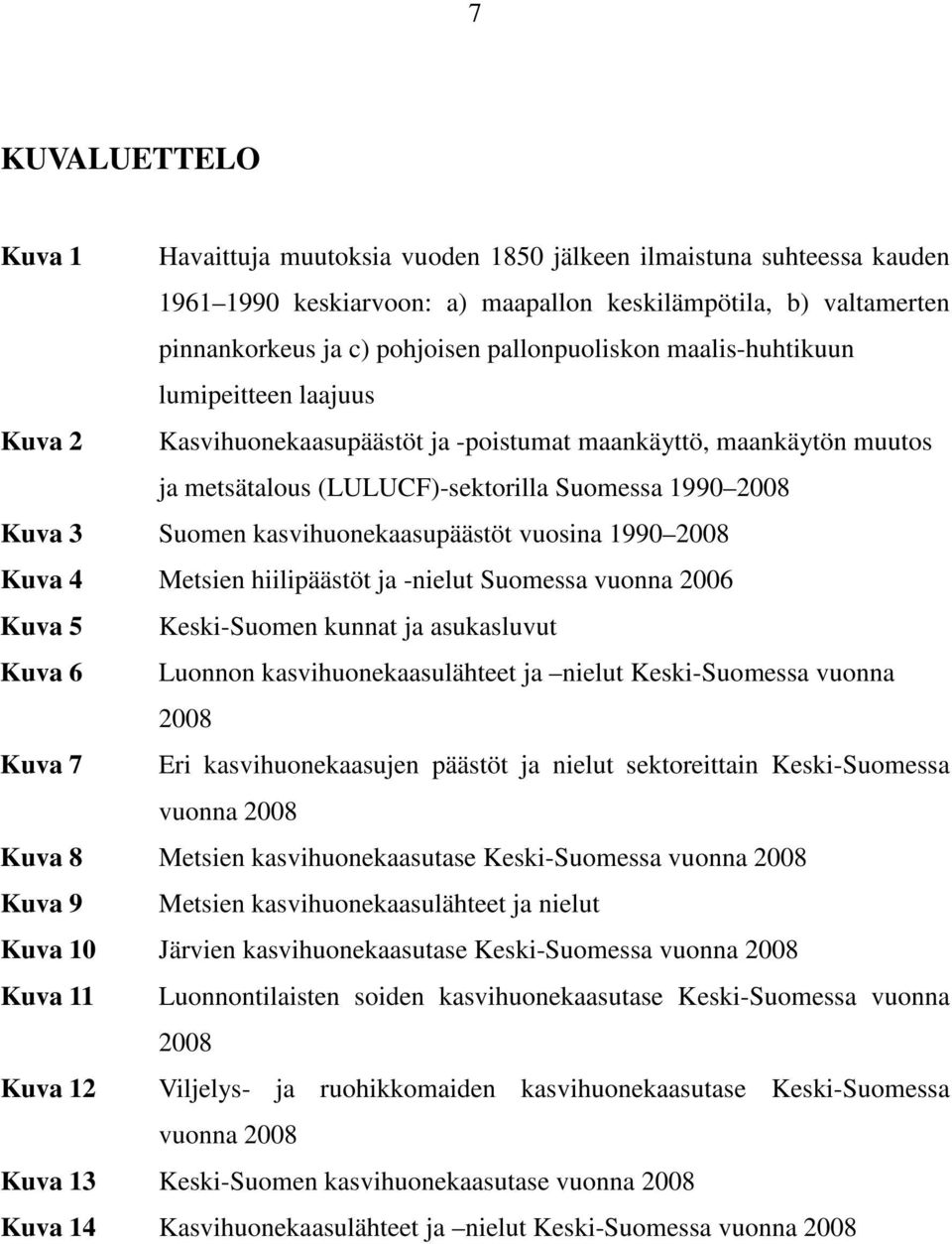 kasvihuonekaasupäästöt vuosina 1990 2008 Kuva 4 Metsien hiilipäästöt ja -nielut Suomessa vuonna 2006 Kuva 5 Keski-Suomen kunnat ja asukasluvut Kuva 6 Luonnon kasvihuonekaasulähteet ja nielut