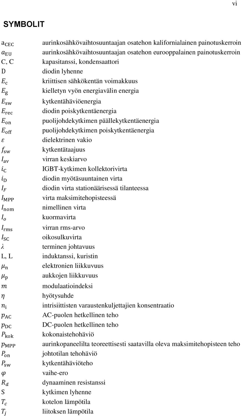 poiskytkentäenergia dielektrinen vakio kytkentätaajuus virran keskiarvo IGBT-kytkimen kollektorivirta diodin myötäsuuntainen virta diodin virta stationäärisessä tilanteessa virta maksimitehopisteessä