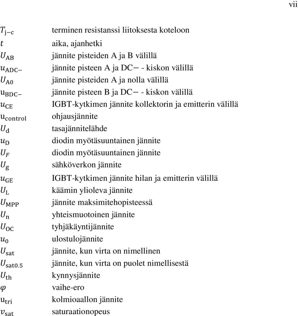 diodin myötäsuuntainen jännite sähköverkon jännite IGBT-kytkimen jännite hilan ja emitterin välillä käämin ylioleva jännite jännite maksimitehopisteessä yhteismuotoinen