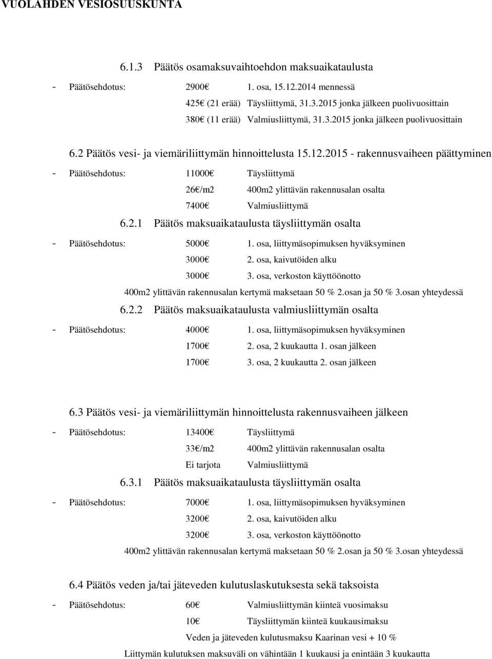 2015 - rakennusvaiheen päättyminen - Päätösehdotus: 11000 Täysliittymä 26 /m2 400m2 ylittävän rakennusalan osalta 7400 Valmiusliittymä 6.2.1 Päätös maksuaikataulusta täysliittymän osalta - Päätösehdotus: 5000 1.