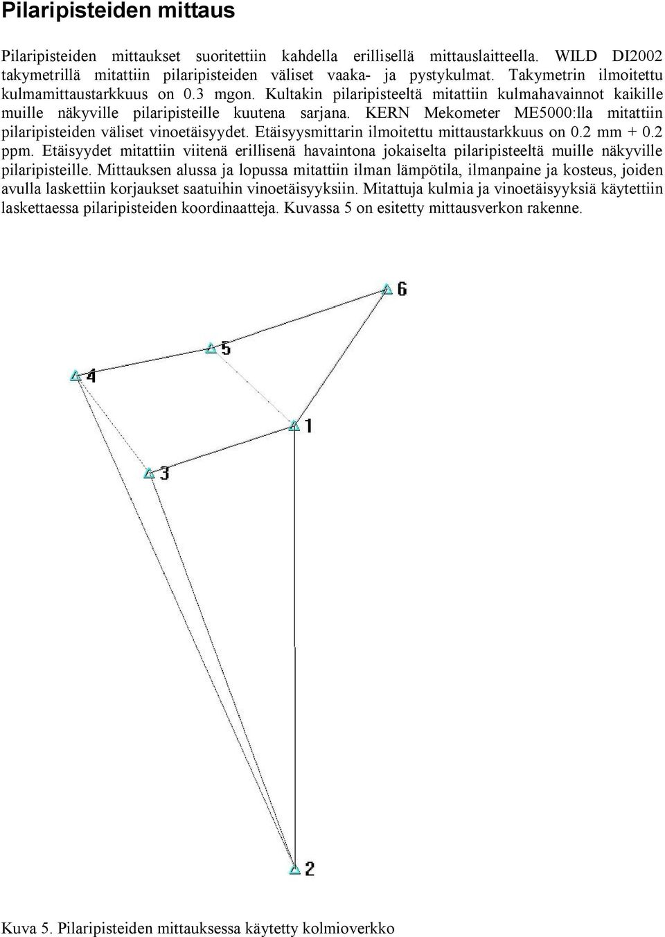 KERN Mekometer ME5000:lla mitattiin pilaripisteiden väliset vinoetäisyydet. Etäisyysmittarin ilmoitettu mittaustarkkuus on 0.2 mm + 0.2 ppm.