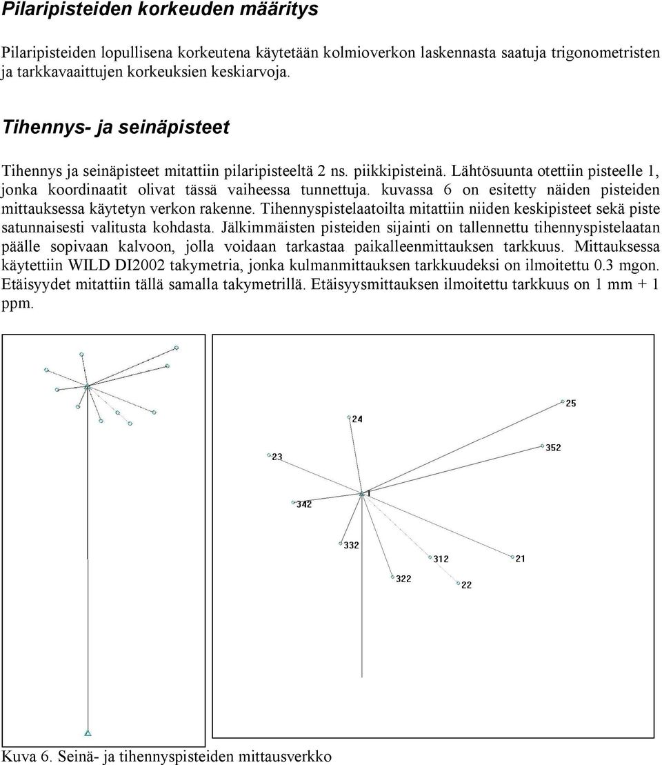 kuvassa 6 on esitetty näiden pisteiden mittauksessa käytetyn verkon rakenne. Tihennyspistelaatoilta mitattiin niiden keskipisteet sekä piste satunnaisesti valitusta kohdasta.