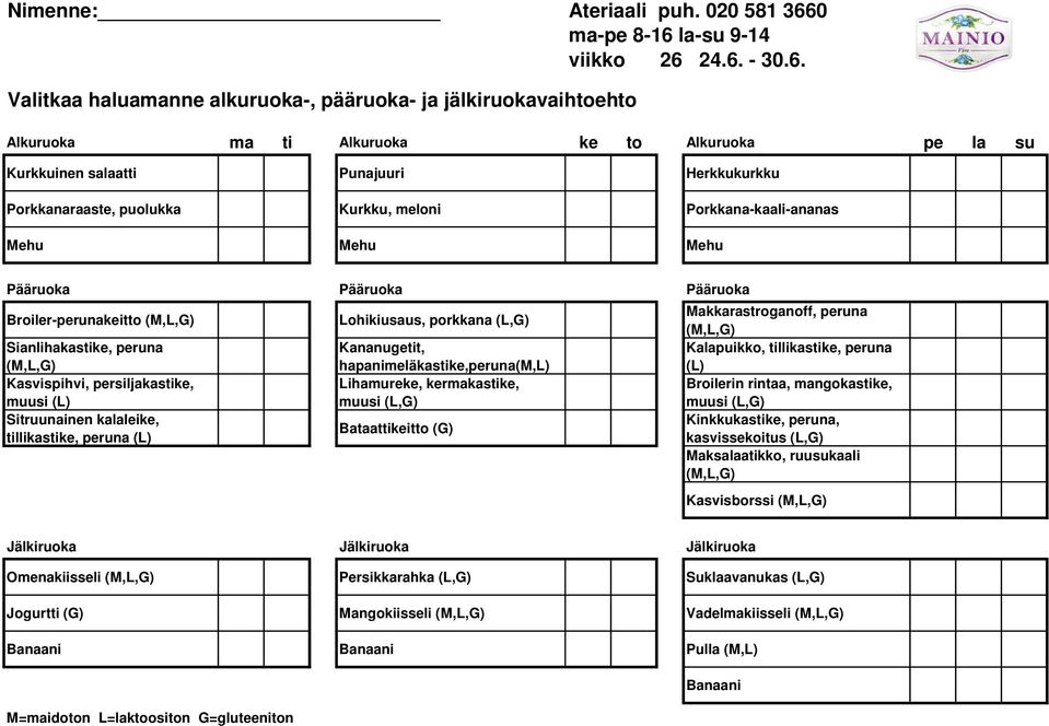 peruna Kasvispihvi, persiljakastike, Sitruunainen kalaleike, tillikastike, Lohikiusaus, porkkana Kananugetit, hapanimeläkastike,peruna(m,l) Lihamureke,