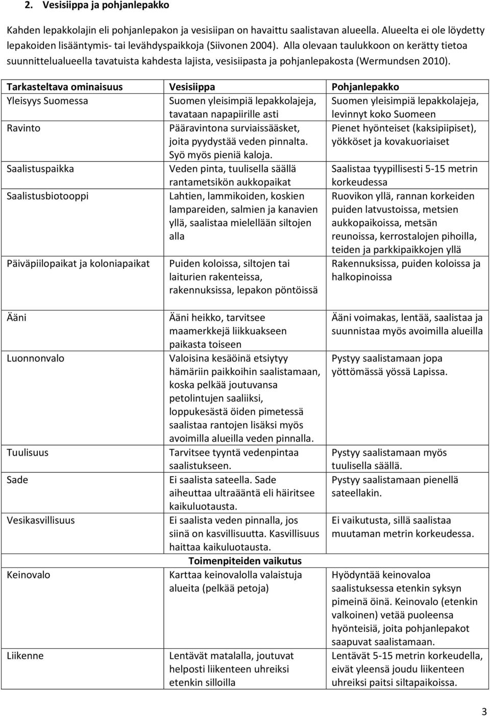 Alla olevaan taulukkoon on kerätty tietoa suunnittelualueella tavatuista kahdesta lajista, vesisiipasta ja pohjanlepakosta (Wermundsen 2010).