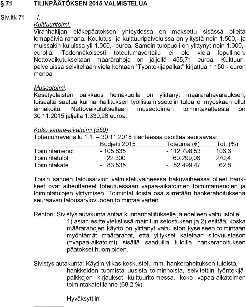 Todennäköisesti toteutumavertailu ei ole vielä lopullinen. Nettovaikutukseltaan määrärahoja on jäljellä 455,71 euroa. Kulttuuripalveluissa selvitellään vielä kohtaan Työntekijäpalkat kirjattua 1.